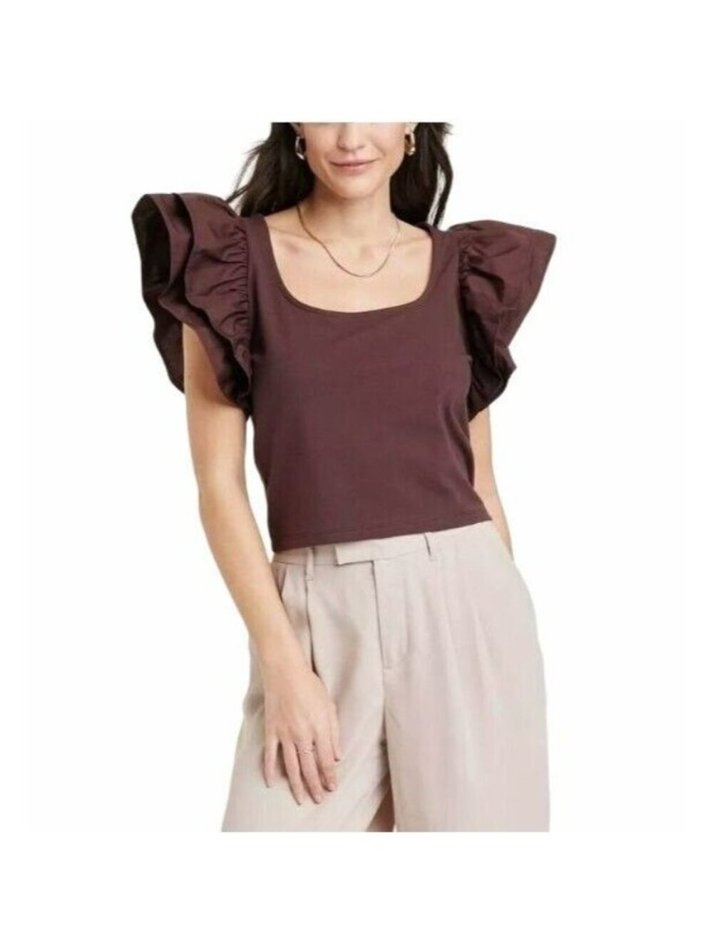 ⭐Crop Top blouse Double Flutter Short Sleeve Sz L Womens Slim Fit Brown Cotton